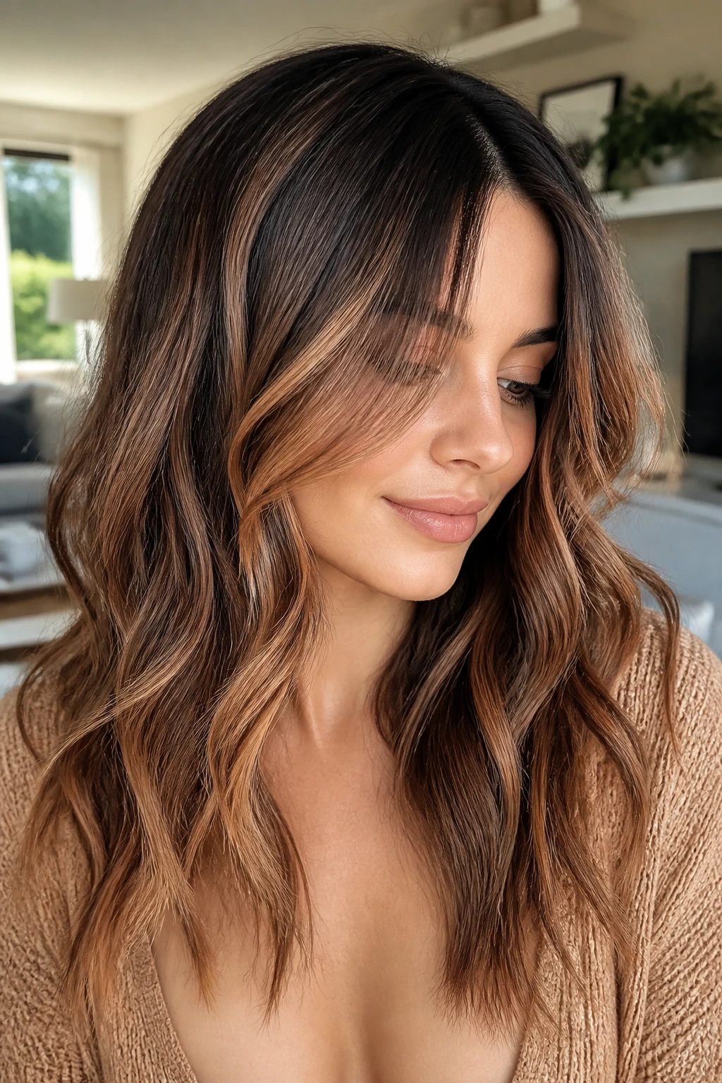 Close-up of a real woman with dark roots and strawberry highlights blended for a smudged root look