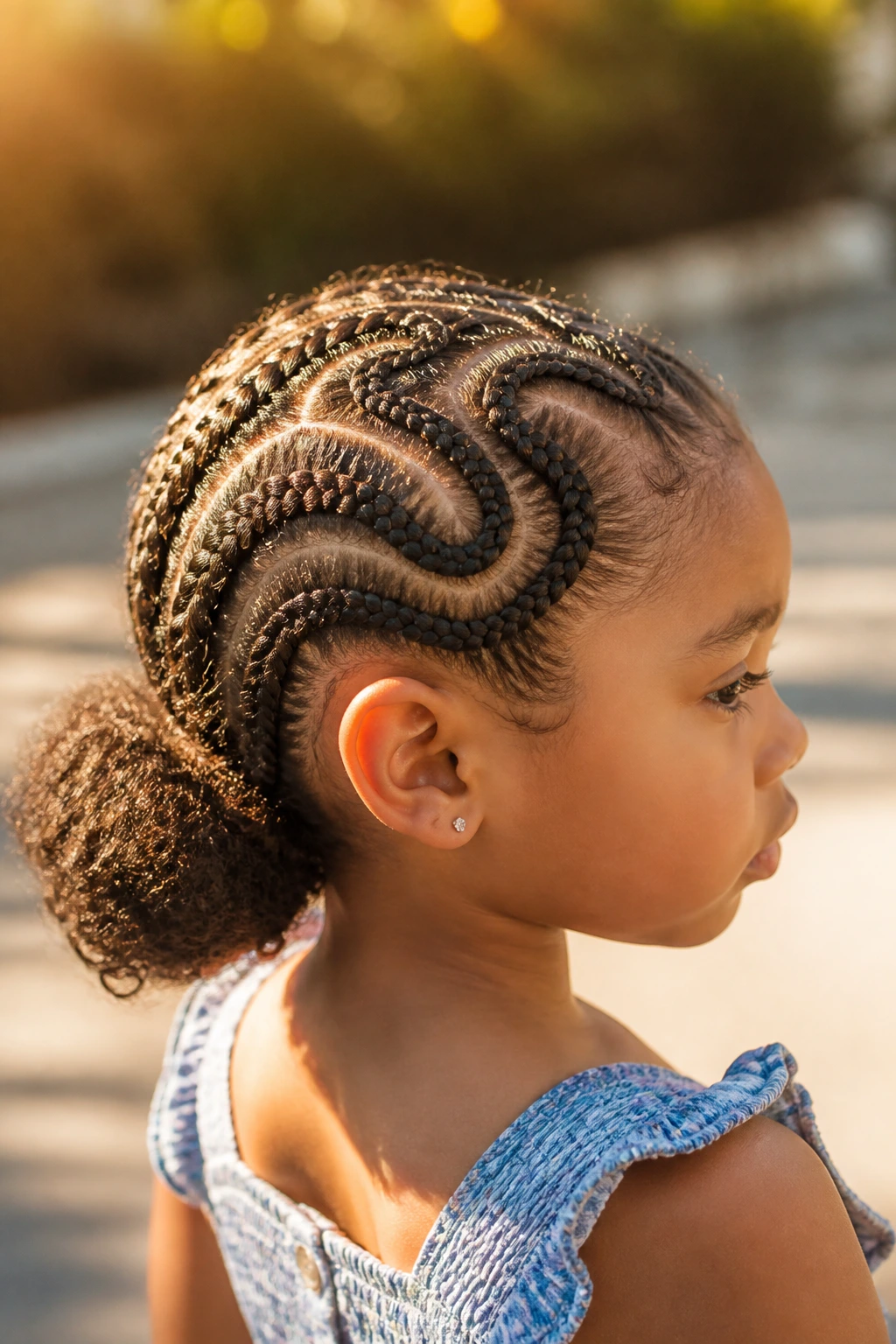 Close-up of a girl with snake braids and a low puff, side profile in sunlight.