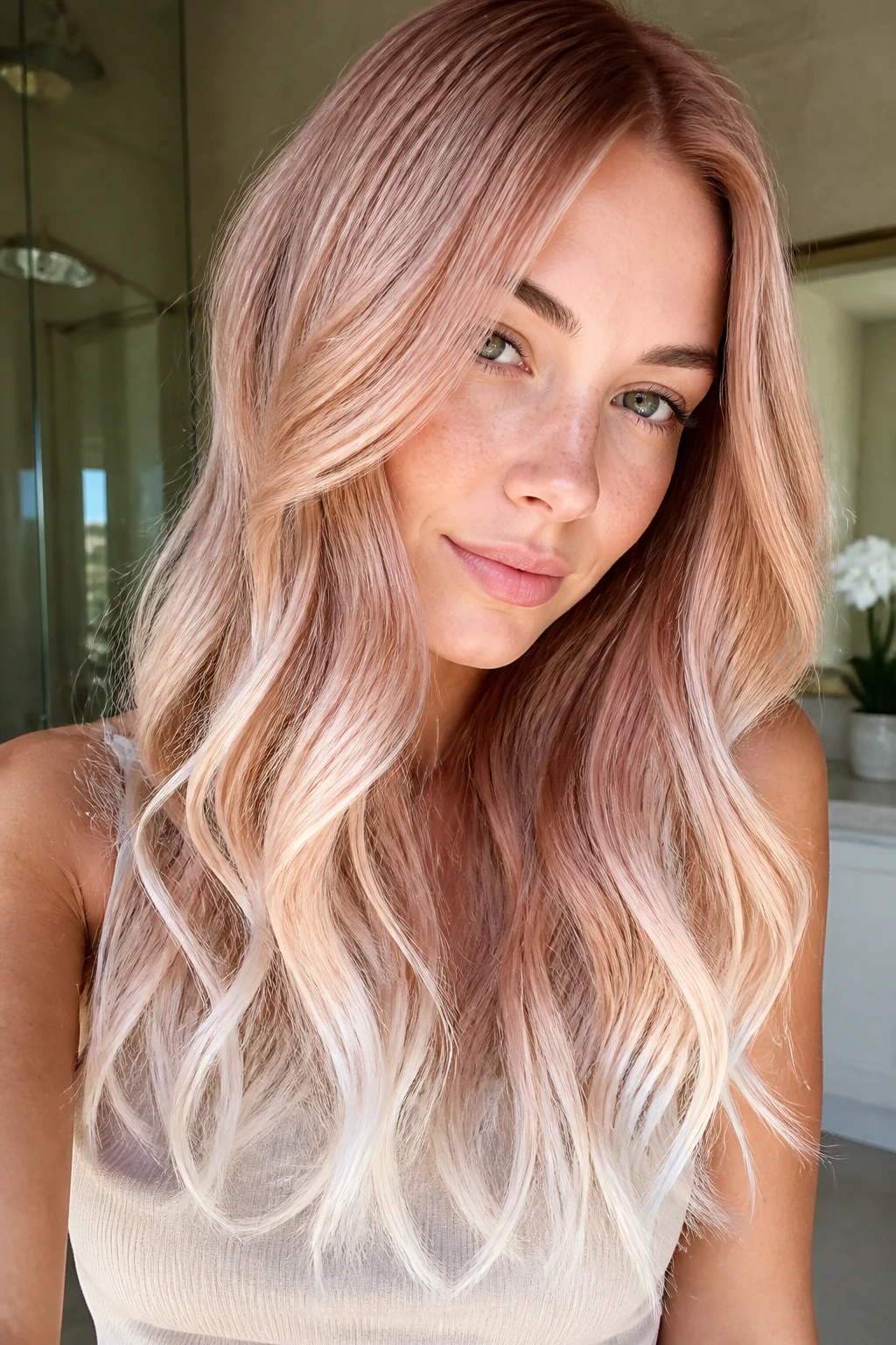 Real woman with snow-white tips on ends and rose-gold mid-lengths
