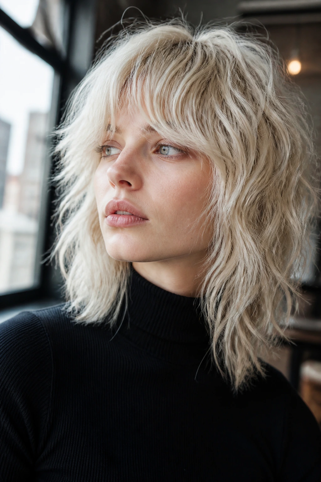 Portrait of a real woman with snowlight shag and textured arctic blonde hair