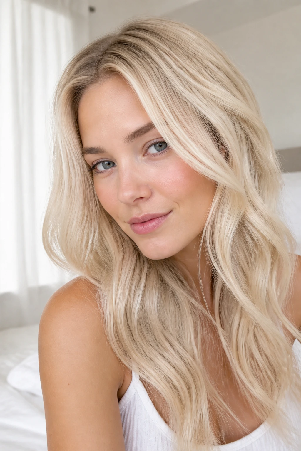 Close-up of a real woman with snowy cream blonde hair and airy babylights