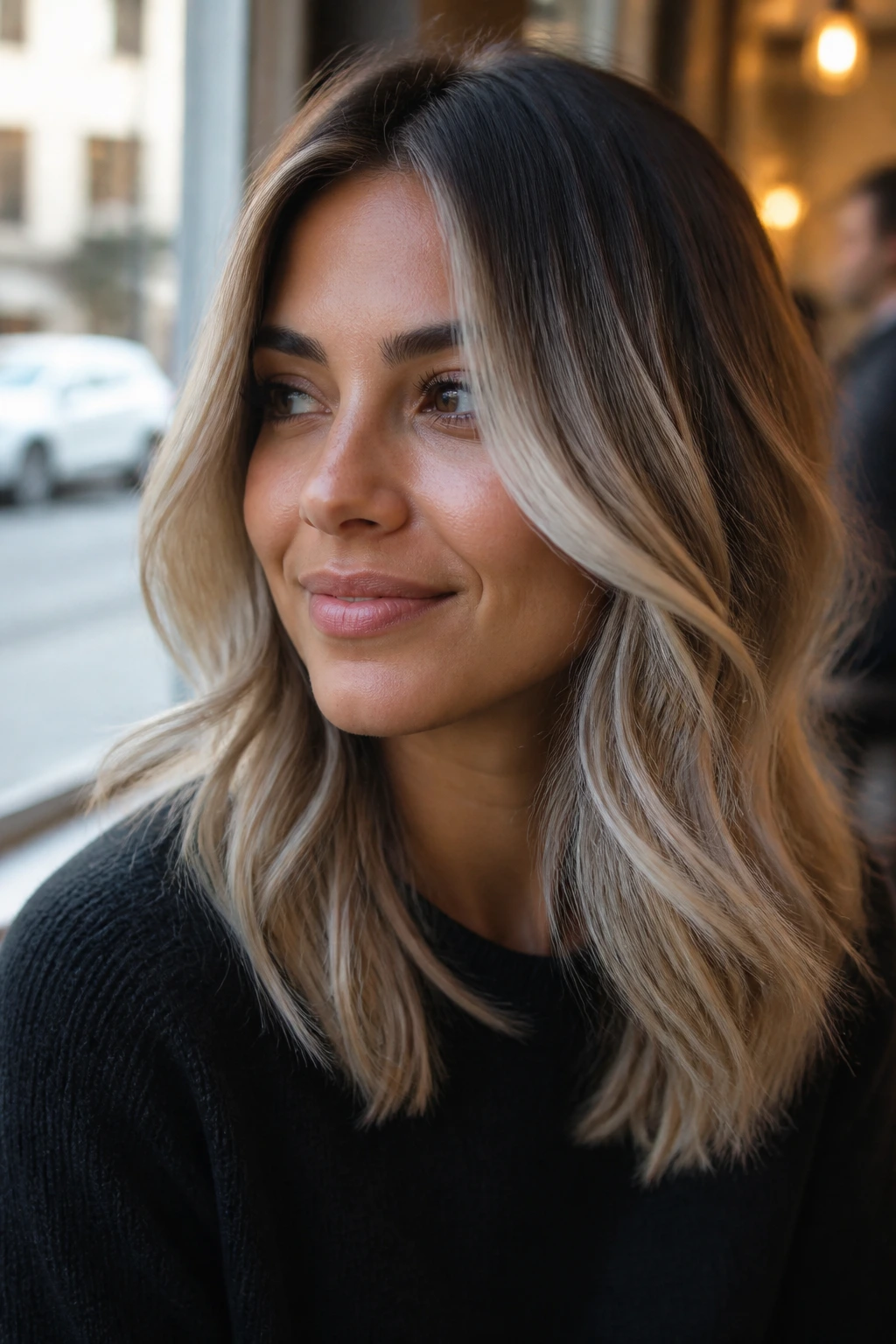 Close-up of a real woman with snowy mid-length sweep balayage and darker roots.