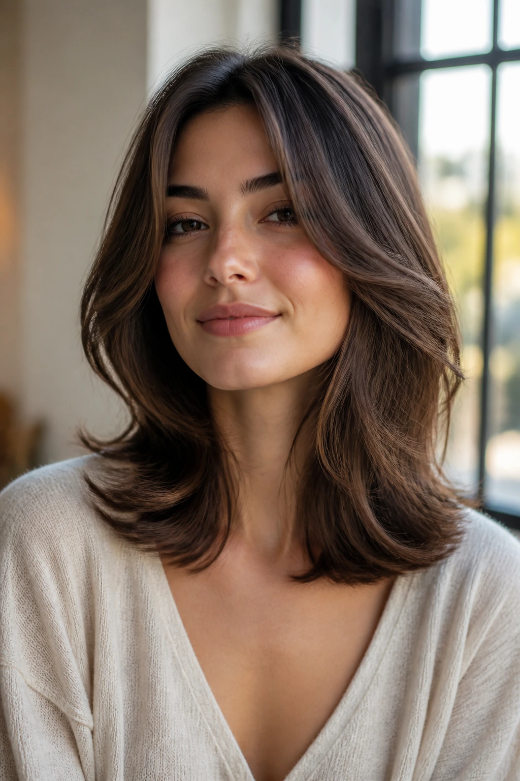 Portrait of woman with soft 70s sweep and feathered framing