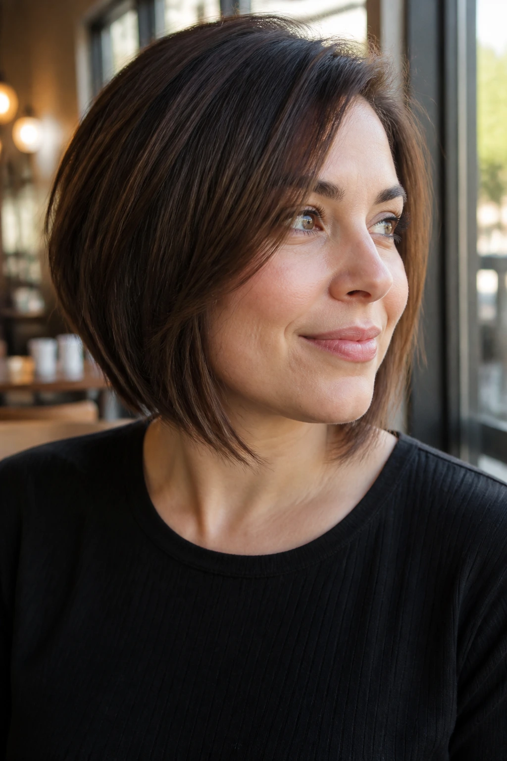 Real person with soft A-line bob, front longer than back