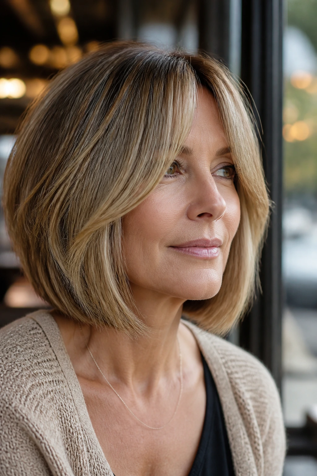 Close-up of a real woman with an airy curtain fringe and A-line bob in natural light