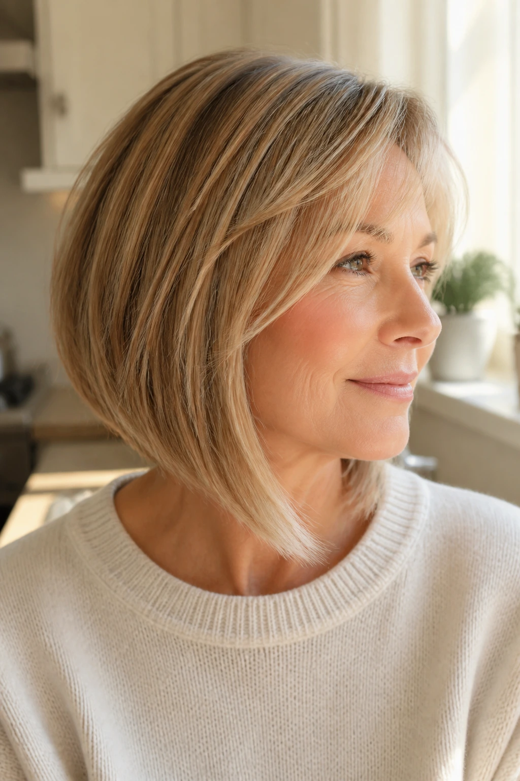 Real woman with soft A-Line bob in natural morning light