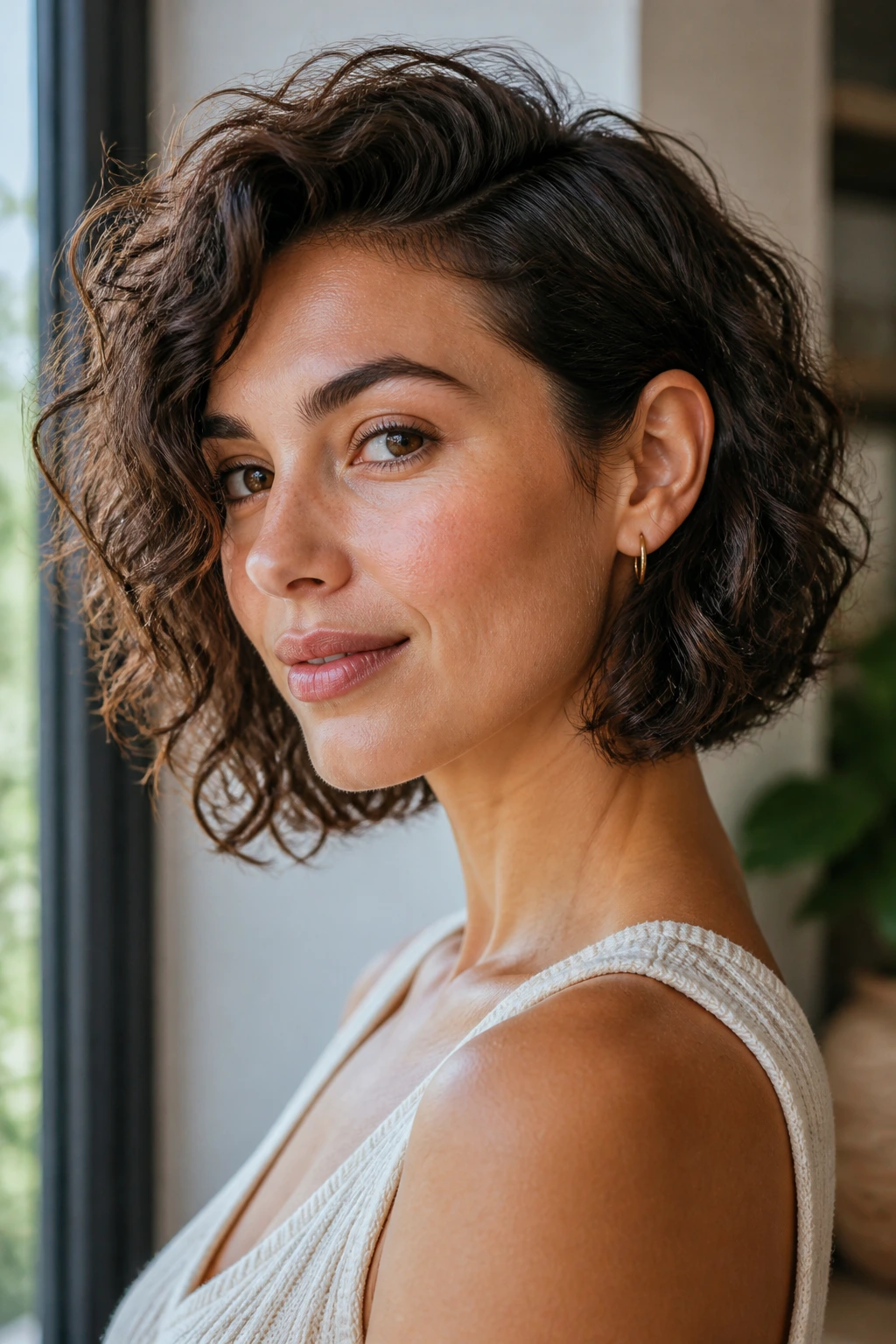 Portrait of a woman with soft A-line bob tucked behind the ear