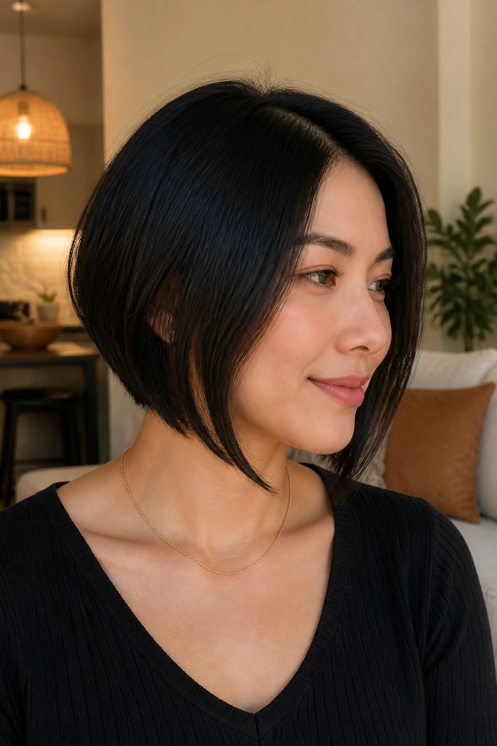 Close-up of a real woman with a soft A-line bob in a cozy living room