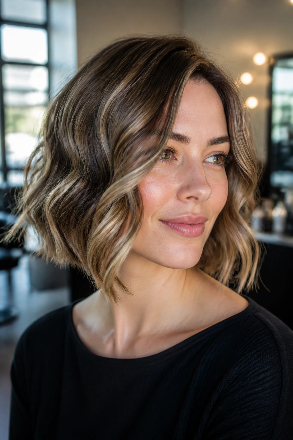 Close-up of real woman with Soft A-Line Bob and loose barrel waves