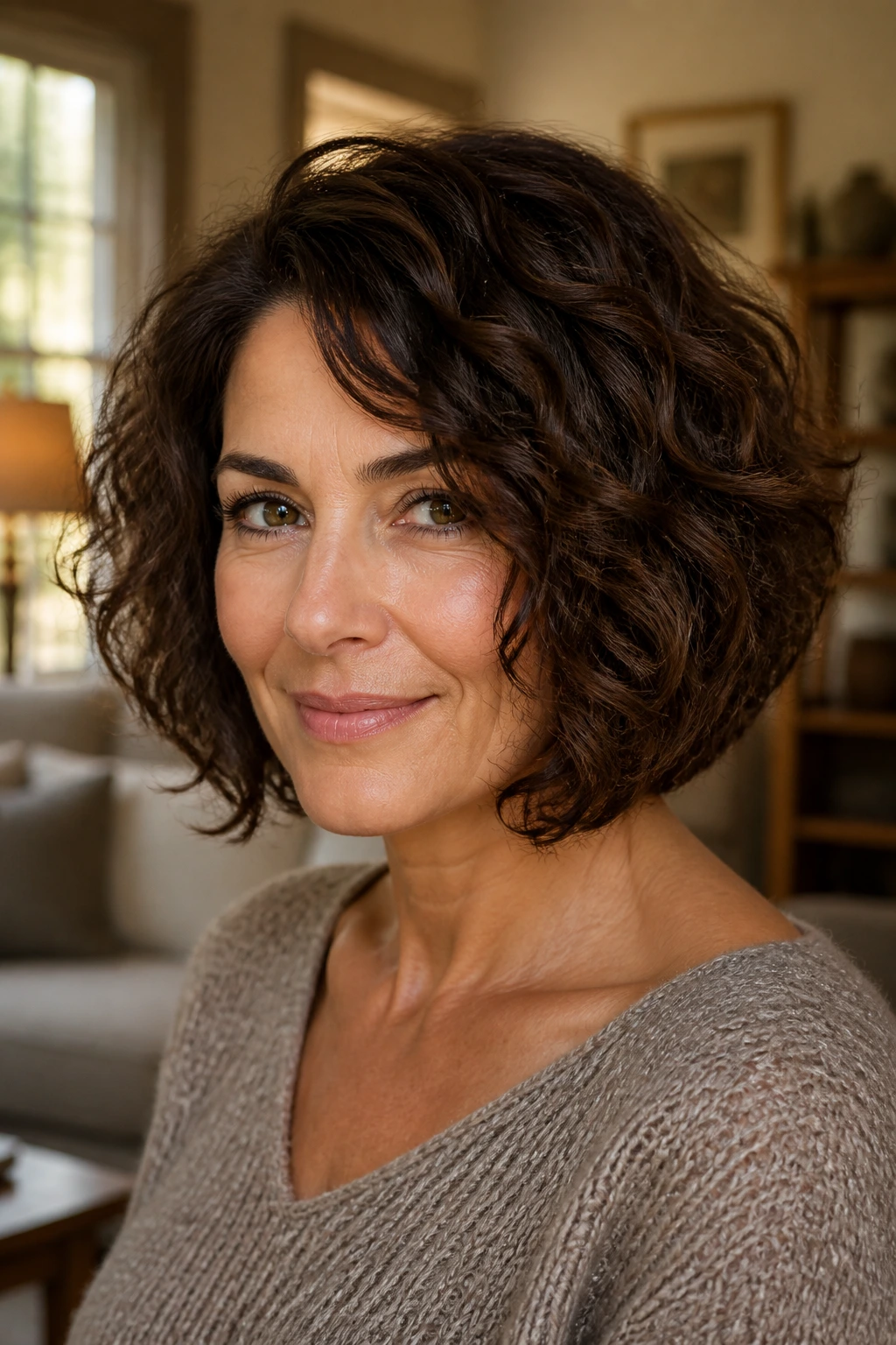 Close-up of a real woman with Soft A-Line Bob in Dark Roast Brown, curly hair