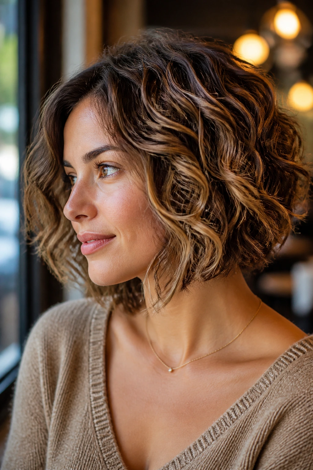 Close-up of a real woman with a soft A-line bob and blended caramel balayage.