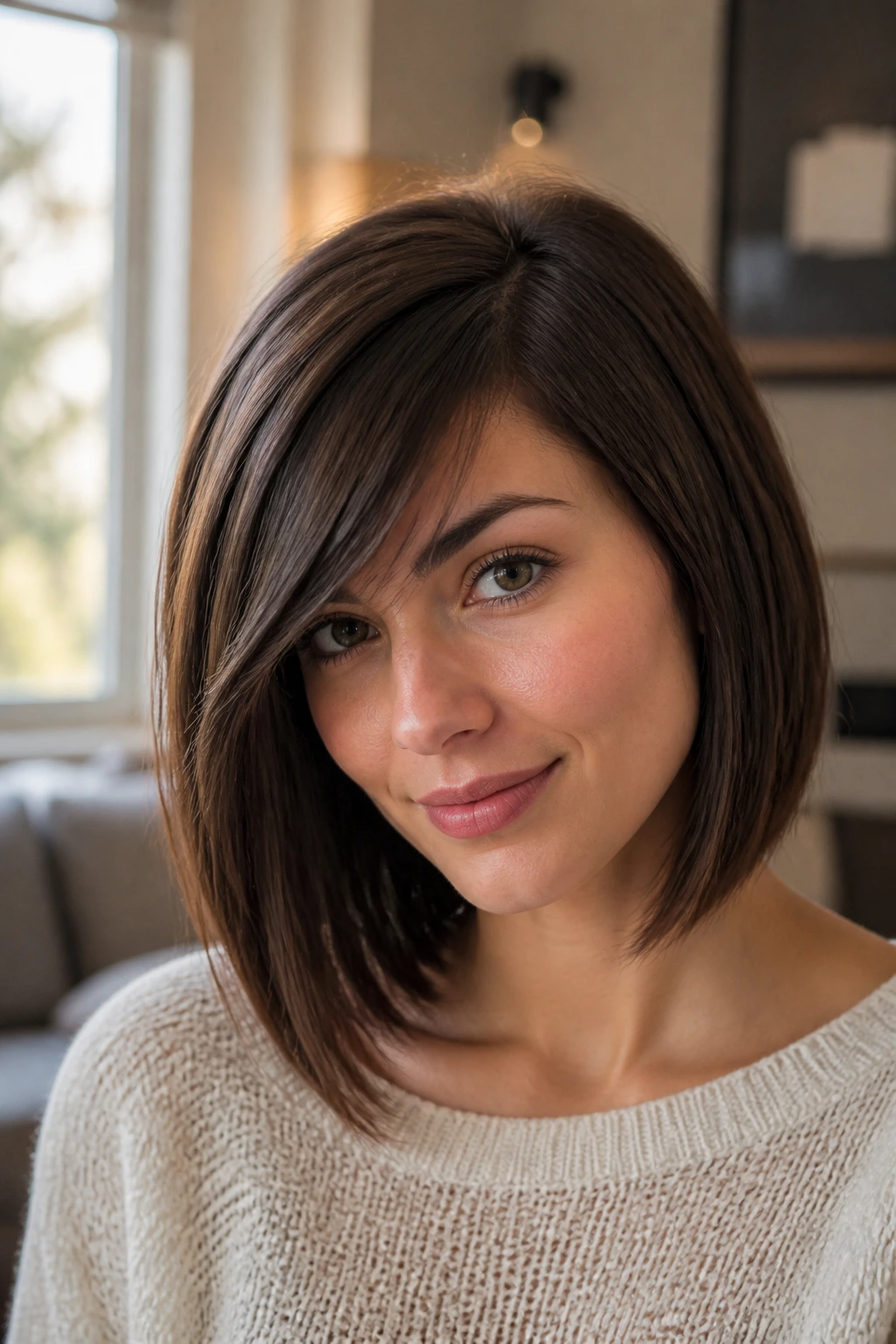 Close-up of a real person with a soft A-line bob and side fringe