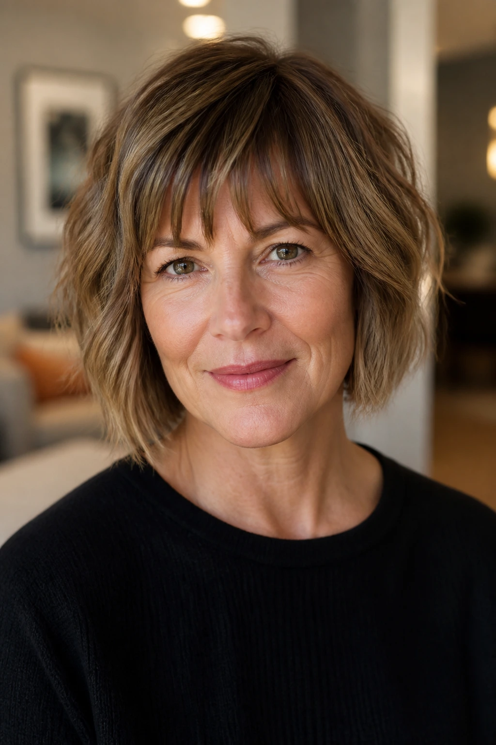 Close-up portrait of a real woman with a soft A-line bob and choppy fringe.