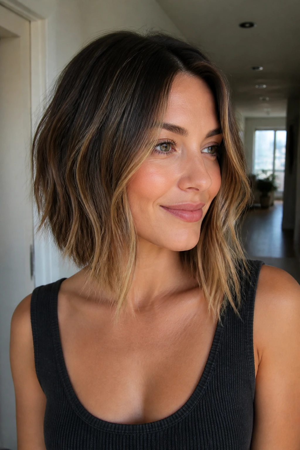 Portrait of a woman with a soft A-line bob and longer front corners.
