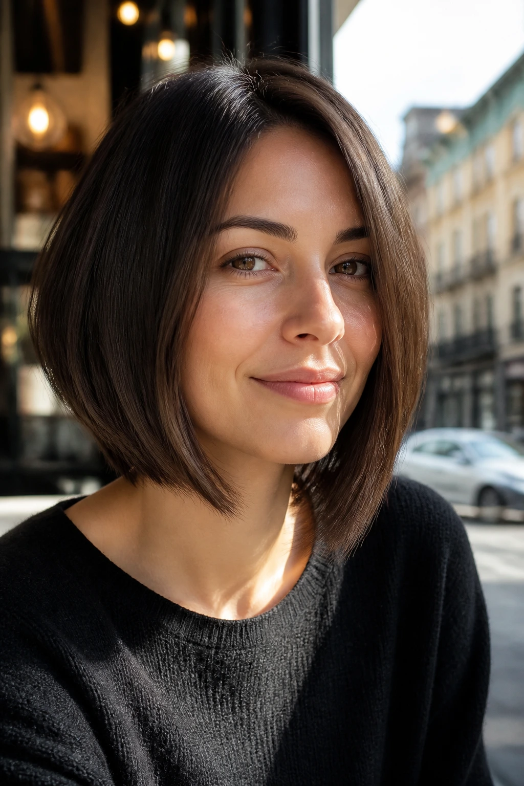 Close-up of a real woman with a soft A-line bob in a cafe-like setting