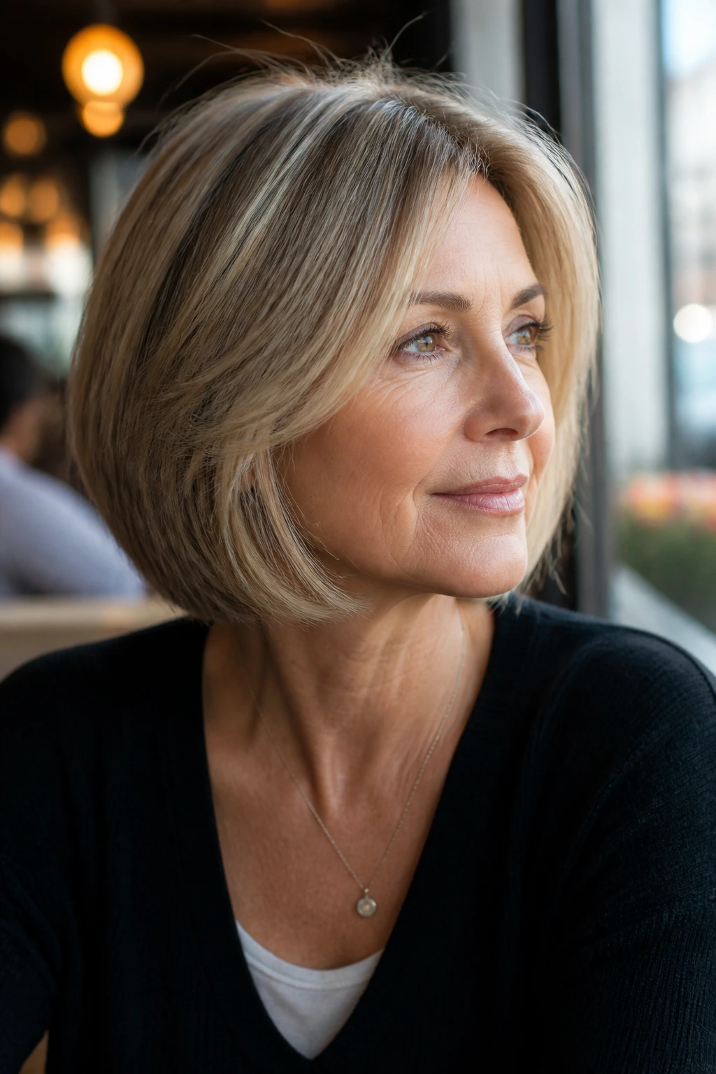 Portrait of a woman with a soft A-line bob highlighting temple layers near the face.