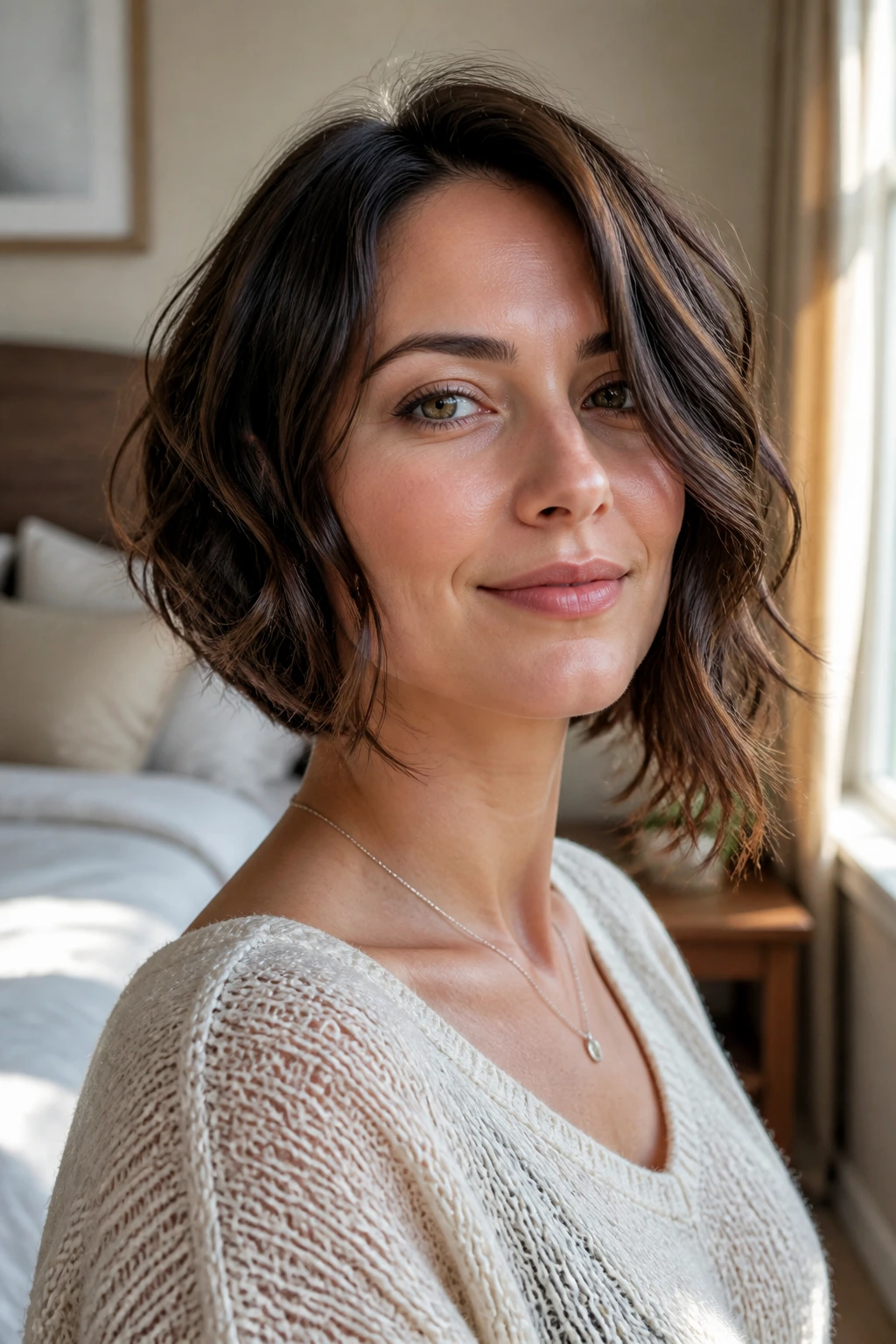 Real woman with soft A-line bob and longer front edge, portrait in natural light