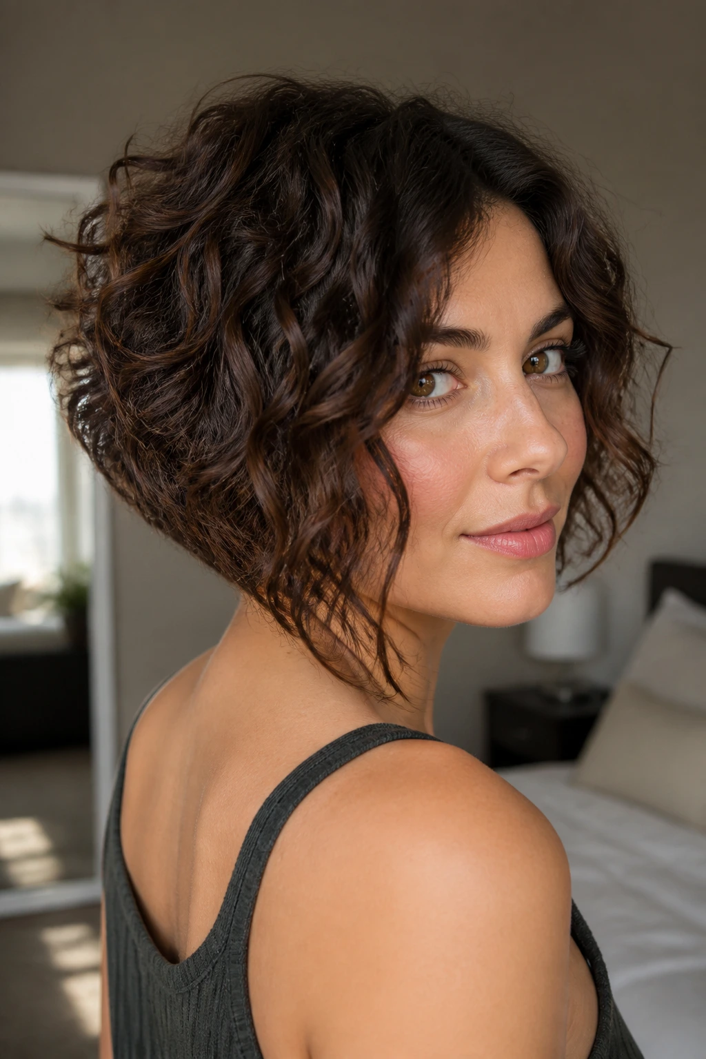 Real woman with soft A-line curly inverted bob in a cozy bedroom
