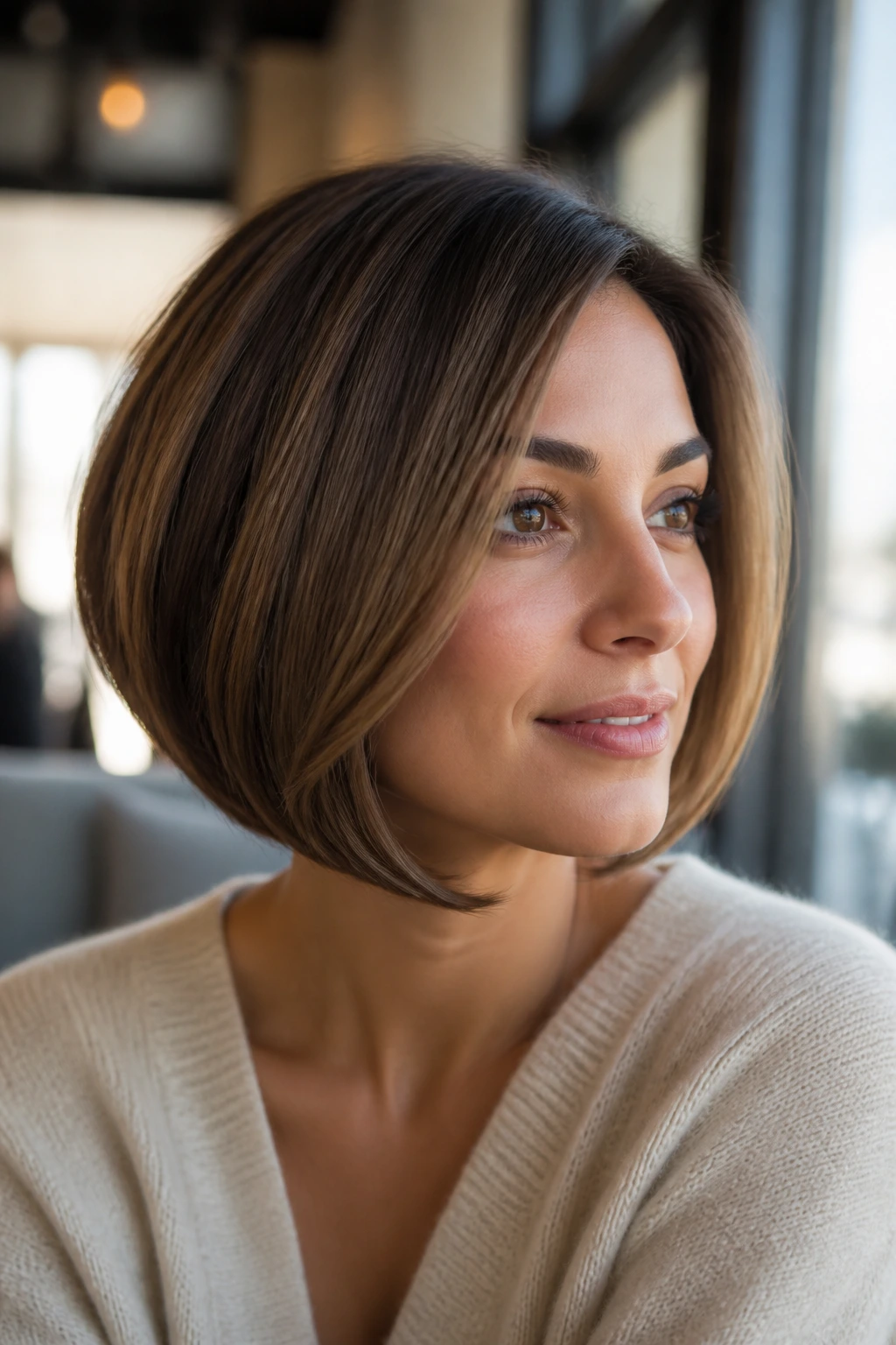 Close-up of a real woman with a soft A-line inverted bob and rounded undercurve