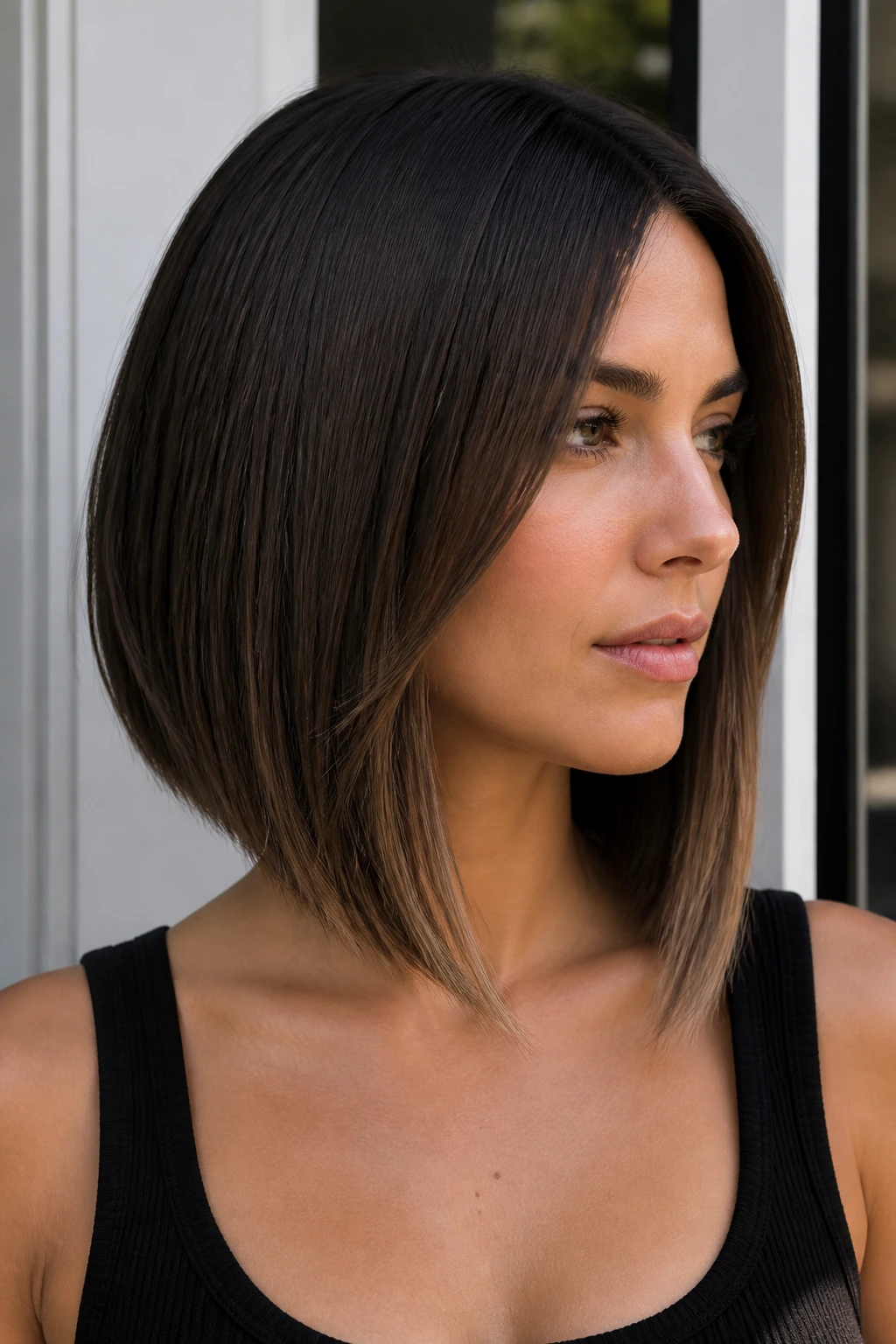 Real woman with a soft A-line long bob in front longer than back.
