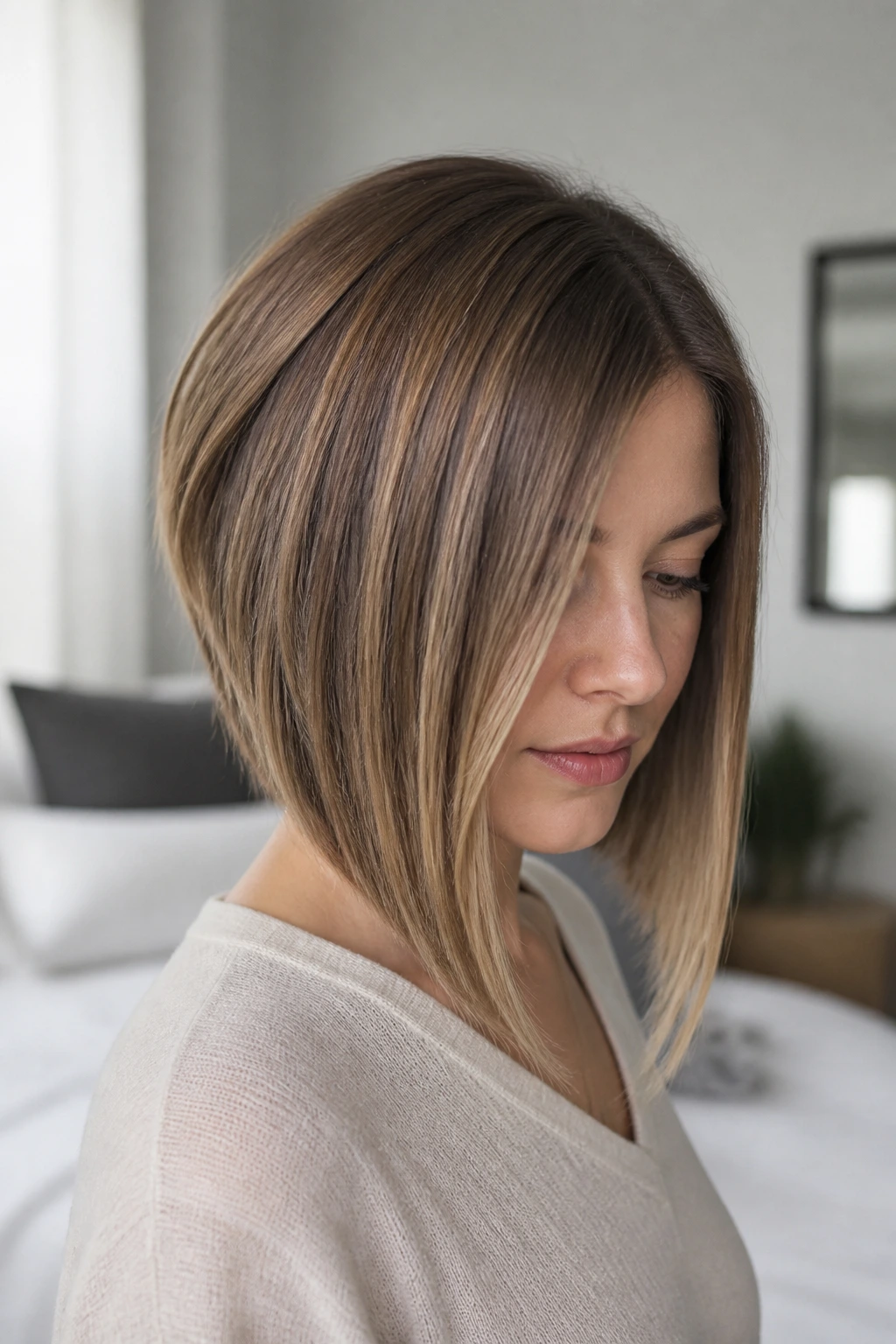 Close-up of a woman with a soft A-line lob and longer front corner.