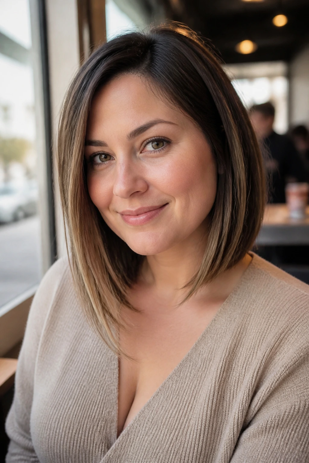 Real woman with a soft A-line lob, back shorter and front longer.