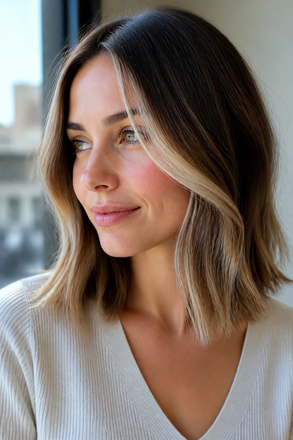 Close-up of a real person with a soft A-line lob and face-framing bright pieces in natural daylight