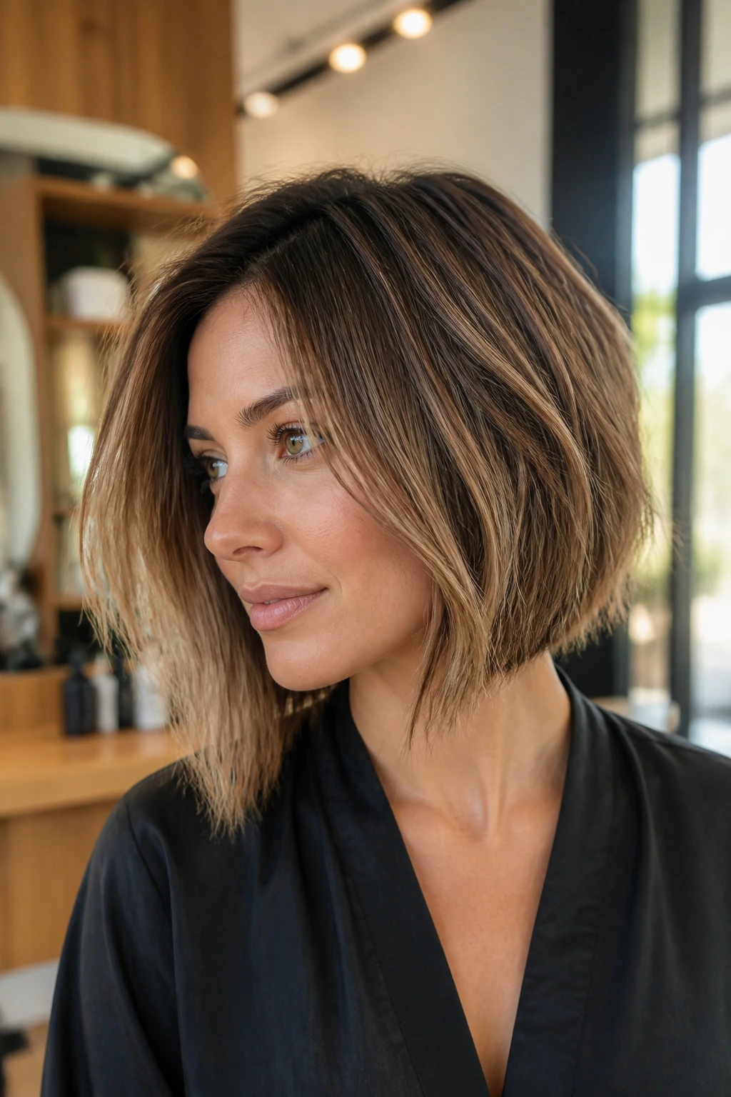 Real woman with a soft A-line lob showing diagonal line