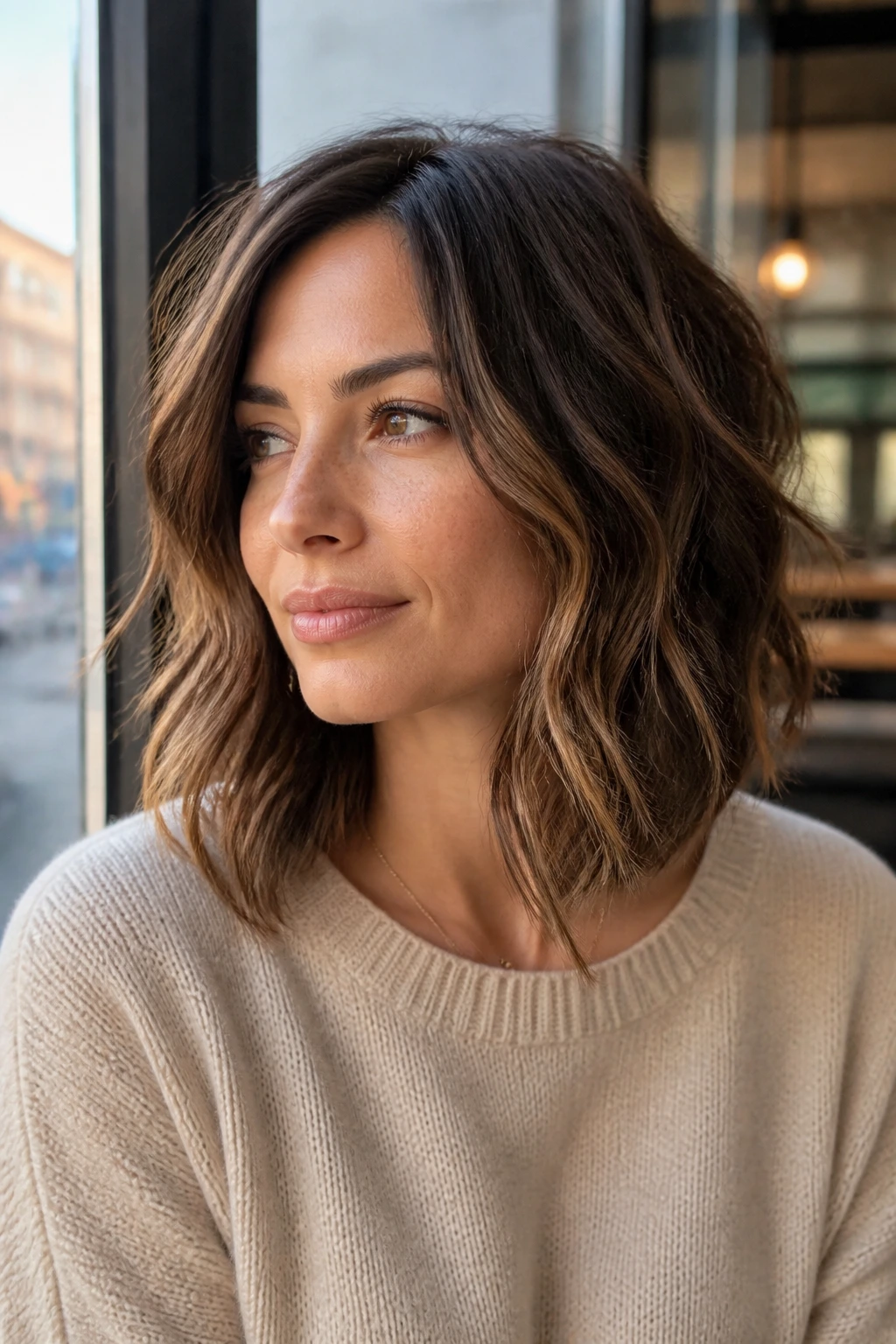 Real woman with Soft A-Line Lob portrait in daylight cafe setting