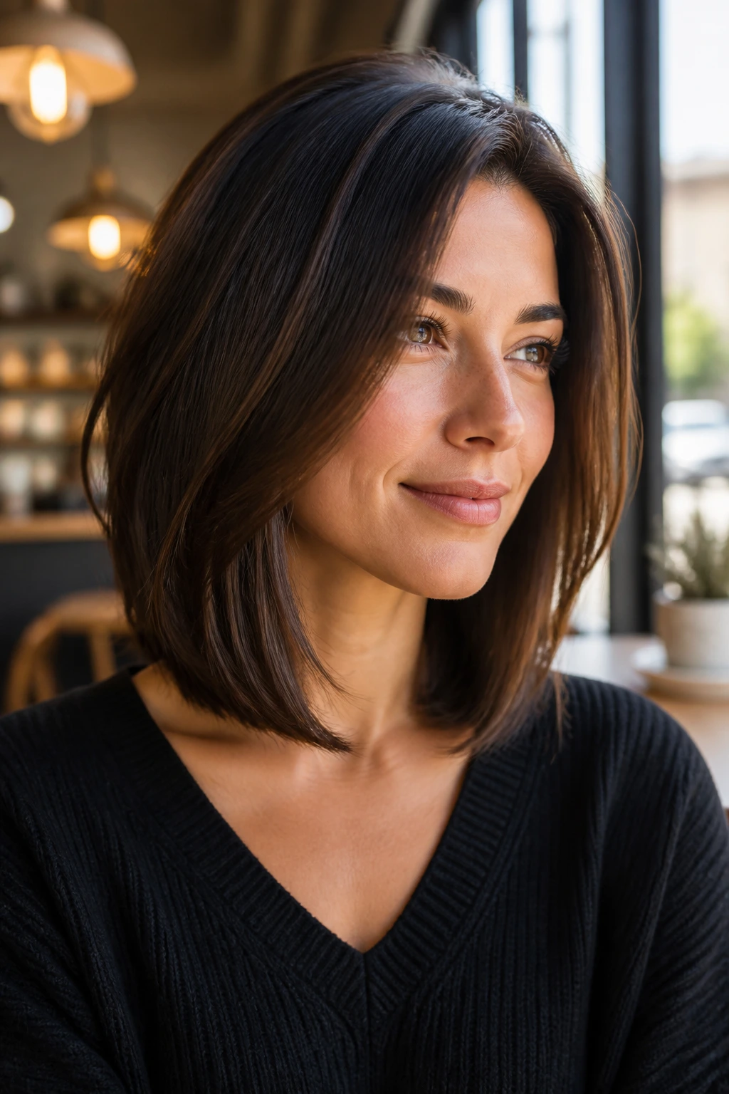 Portrait of a real woman with soft A-line lob and collarbone-length front pieces