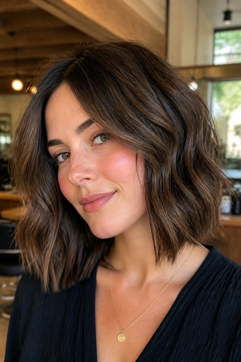 Close-up portrait of a real woman with a soft A-line lob hairstyle in warm salon light