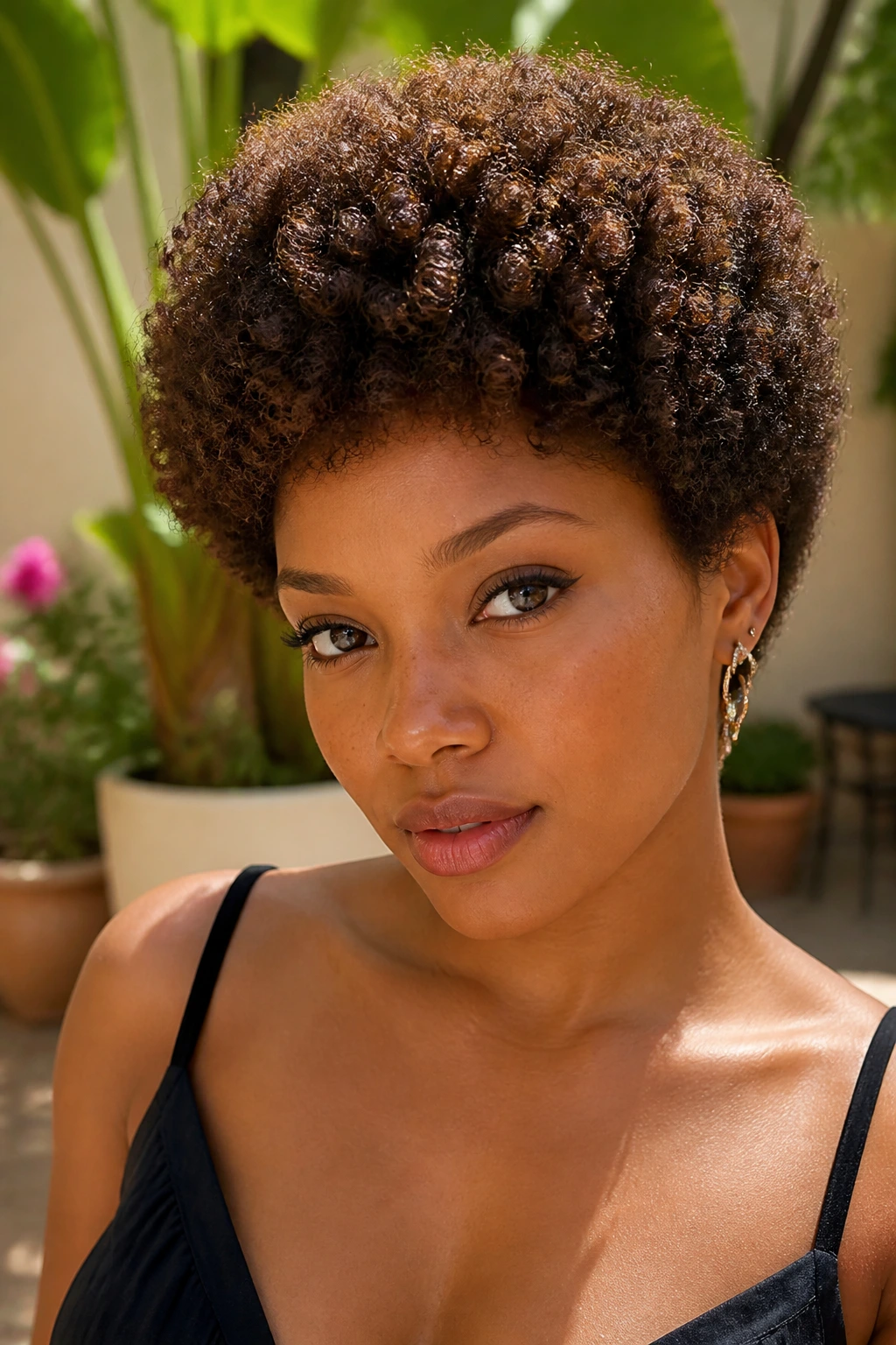 Close-up of Soft Afro Crop with Dark Chocolate Lowlights in sunlit courtyard