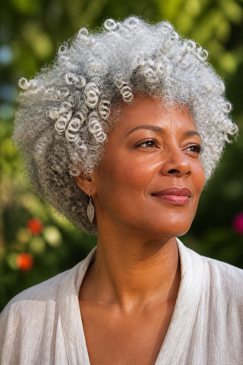 Close-up of soft afro-curly silver curls on a real person