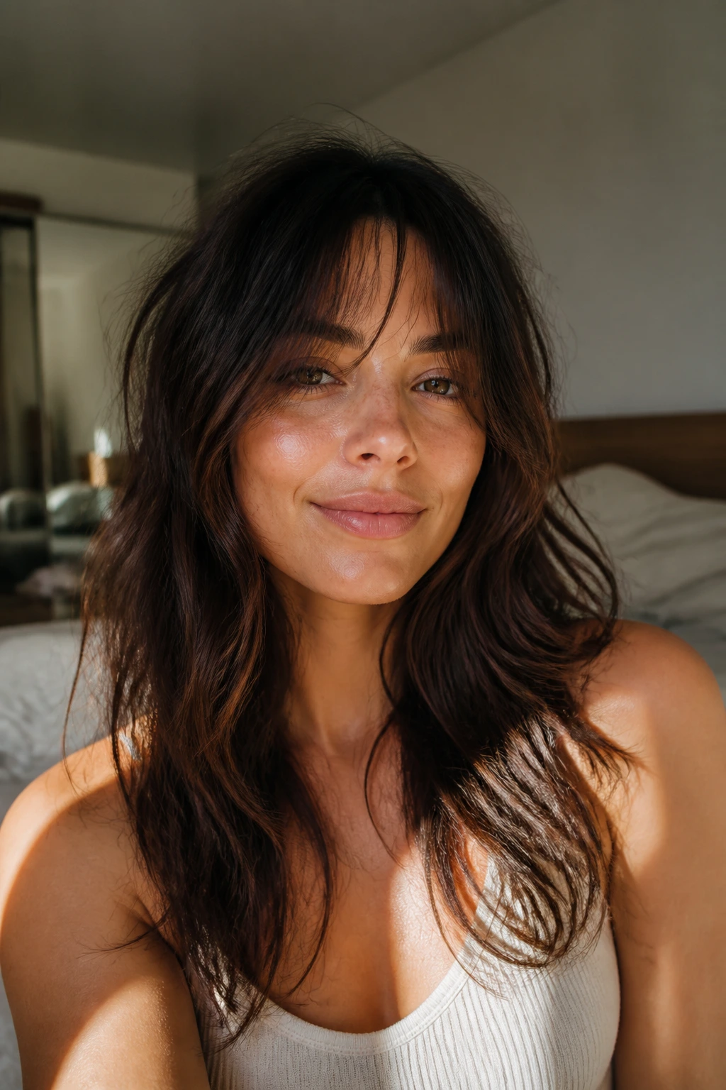 Real woman with soft air-dry fringe and long layered bangs.