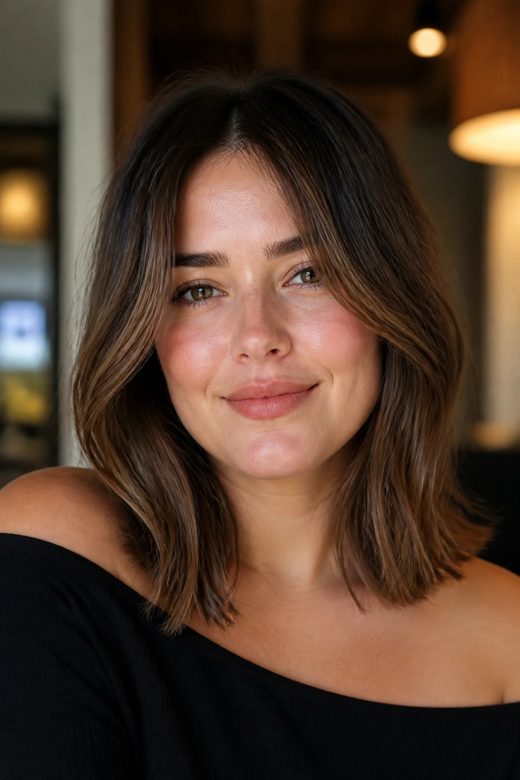 Portrait of a woman sporting a soft-air-dry lob hairstyle.