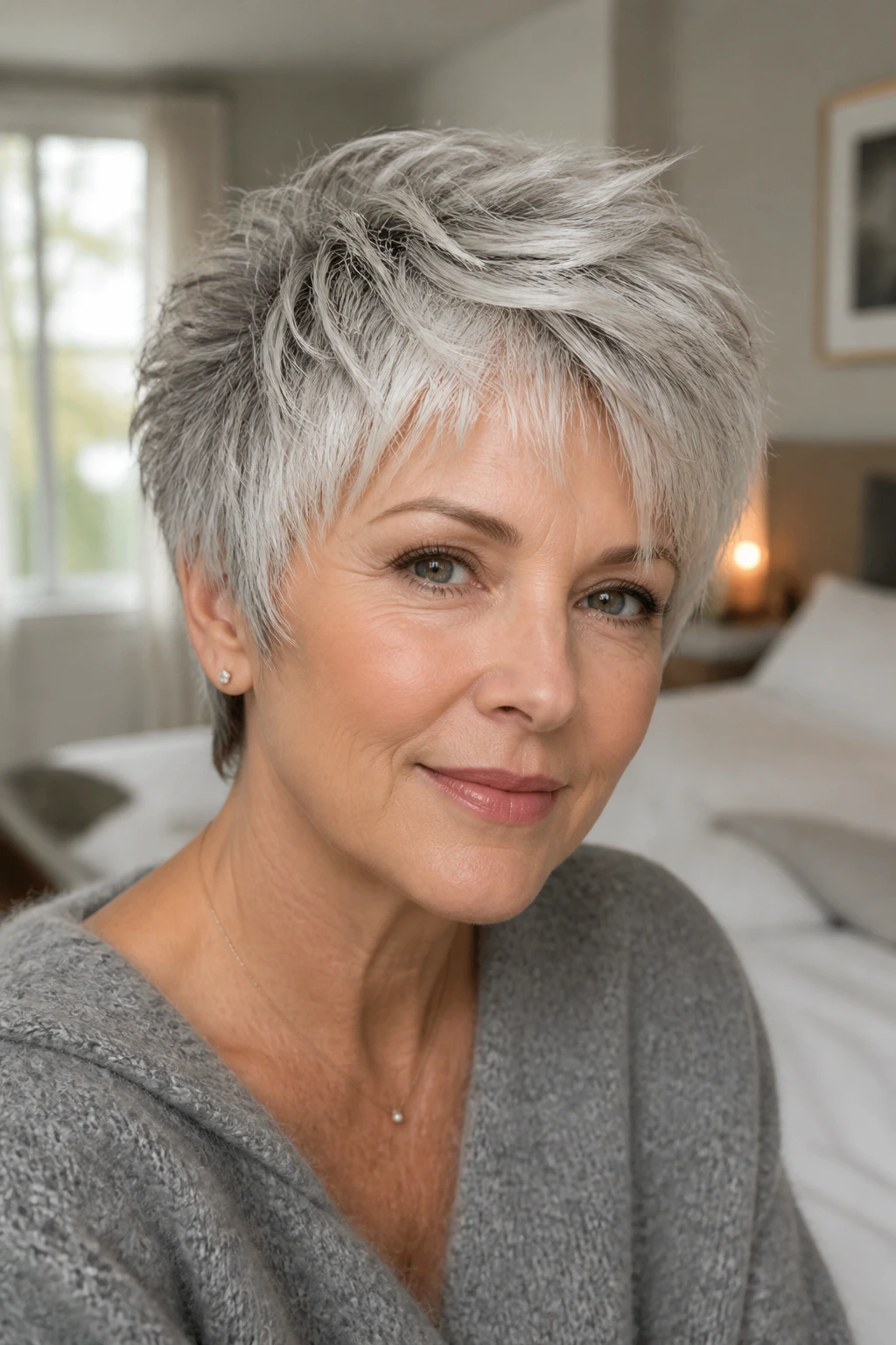 Close-up portrait of a real woman wearing a Soft Air-Dry Pixie on gray hair in soft window light.