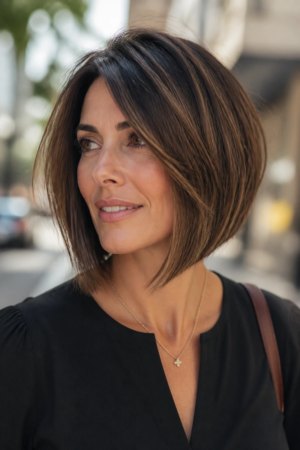 Portrait of a woman with a soft angled bob showing longer front pieces