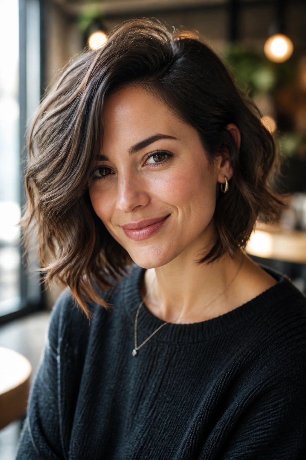 Portrait of a real woman with a soft angled bob and deep side part