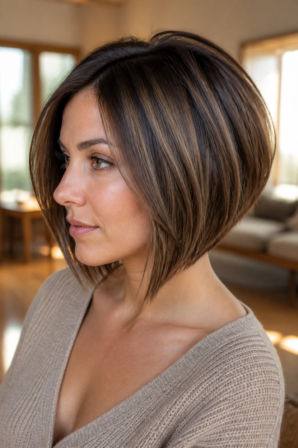 Close-up of a woman with a soft angled bob and mushroom brown shadow.