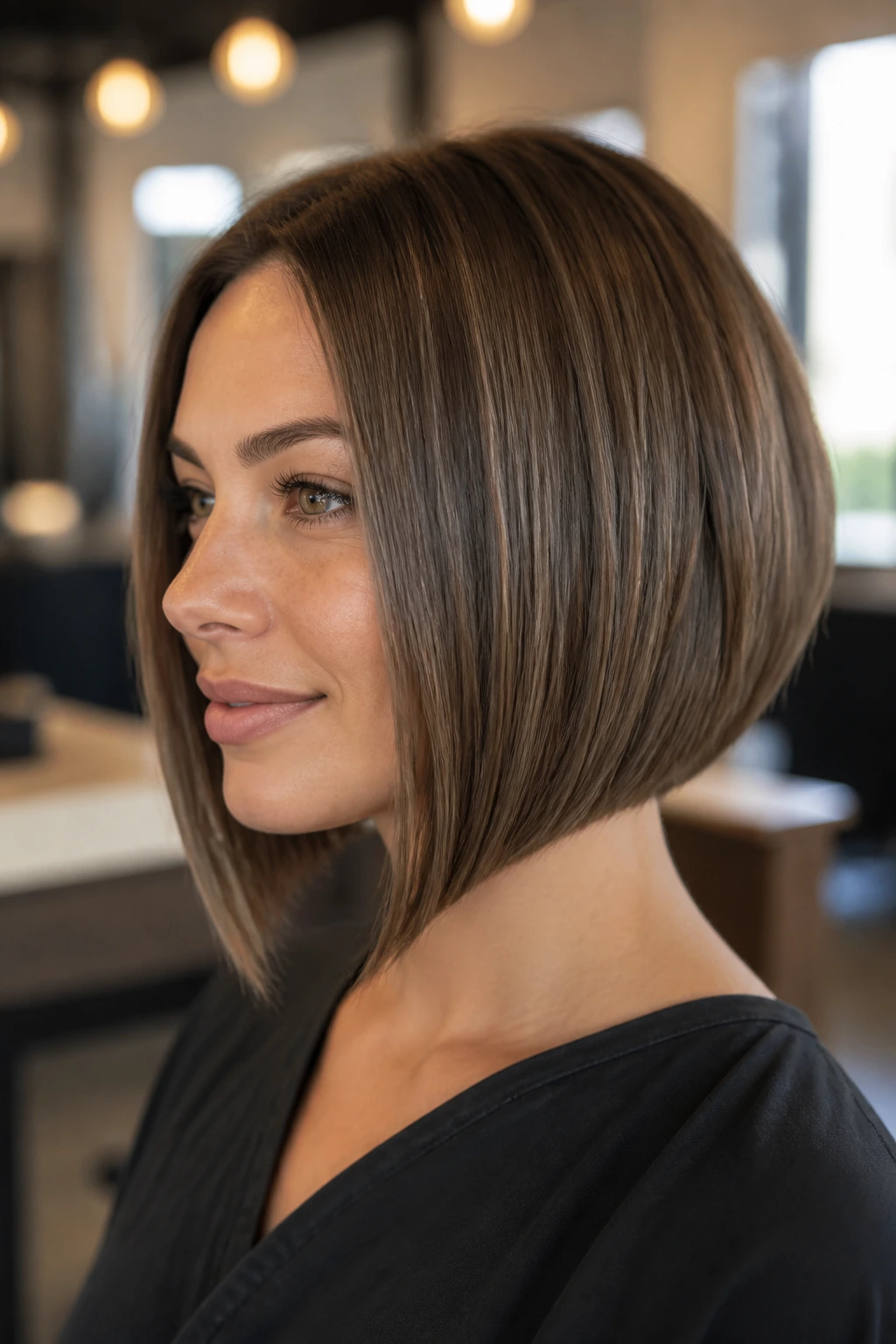 Close-up portrait of a real woman with a soft angled A-line bob on straight hair in warm window light
