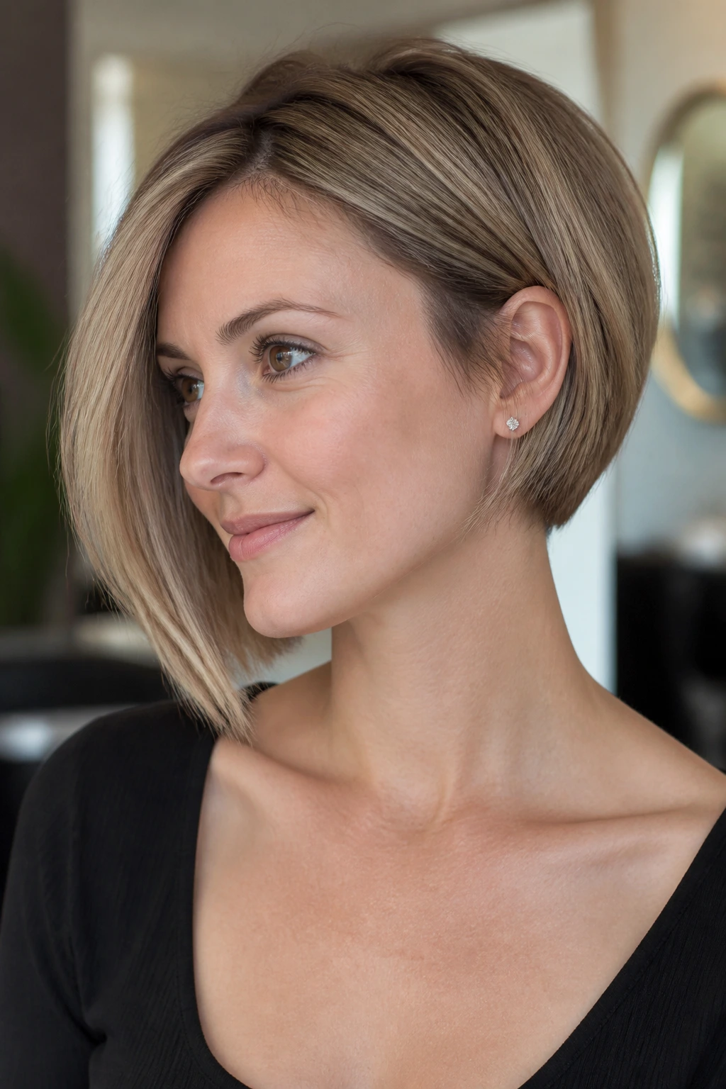 Portrait of a woman with a soft angled bob tucked behind her ear.