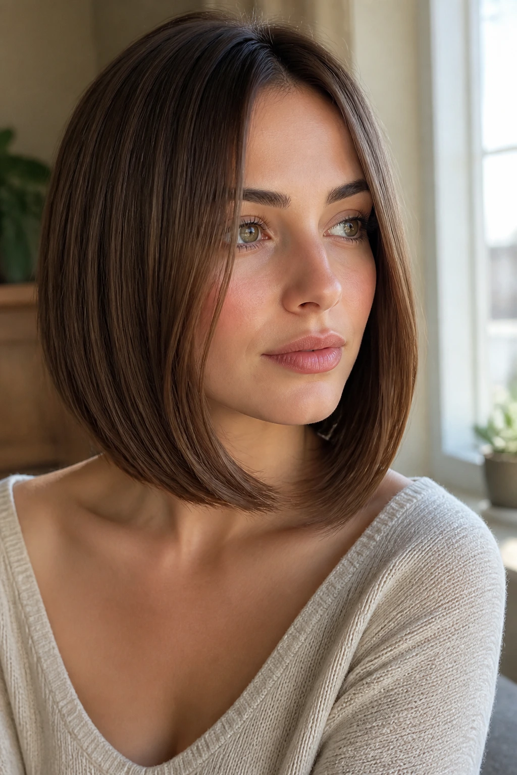 Real person with soft angled collarbone inverted bob in a cozy room