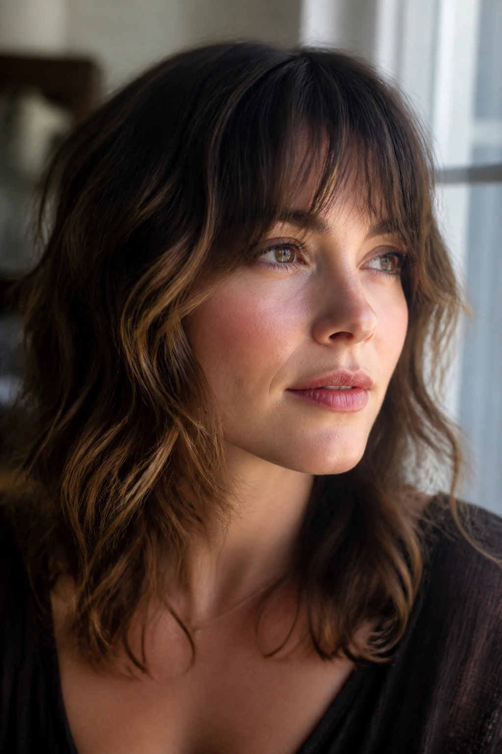Close-up portrait showing a soft angled fringe with bevel on wavy hair