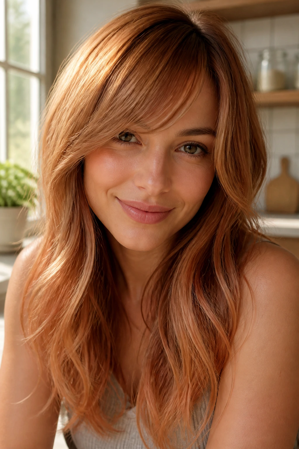 Close-up portrait of a real woman with soft apricot glaze hair and side-swept bangs