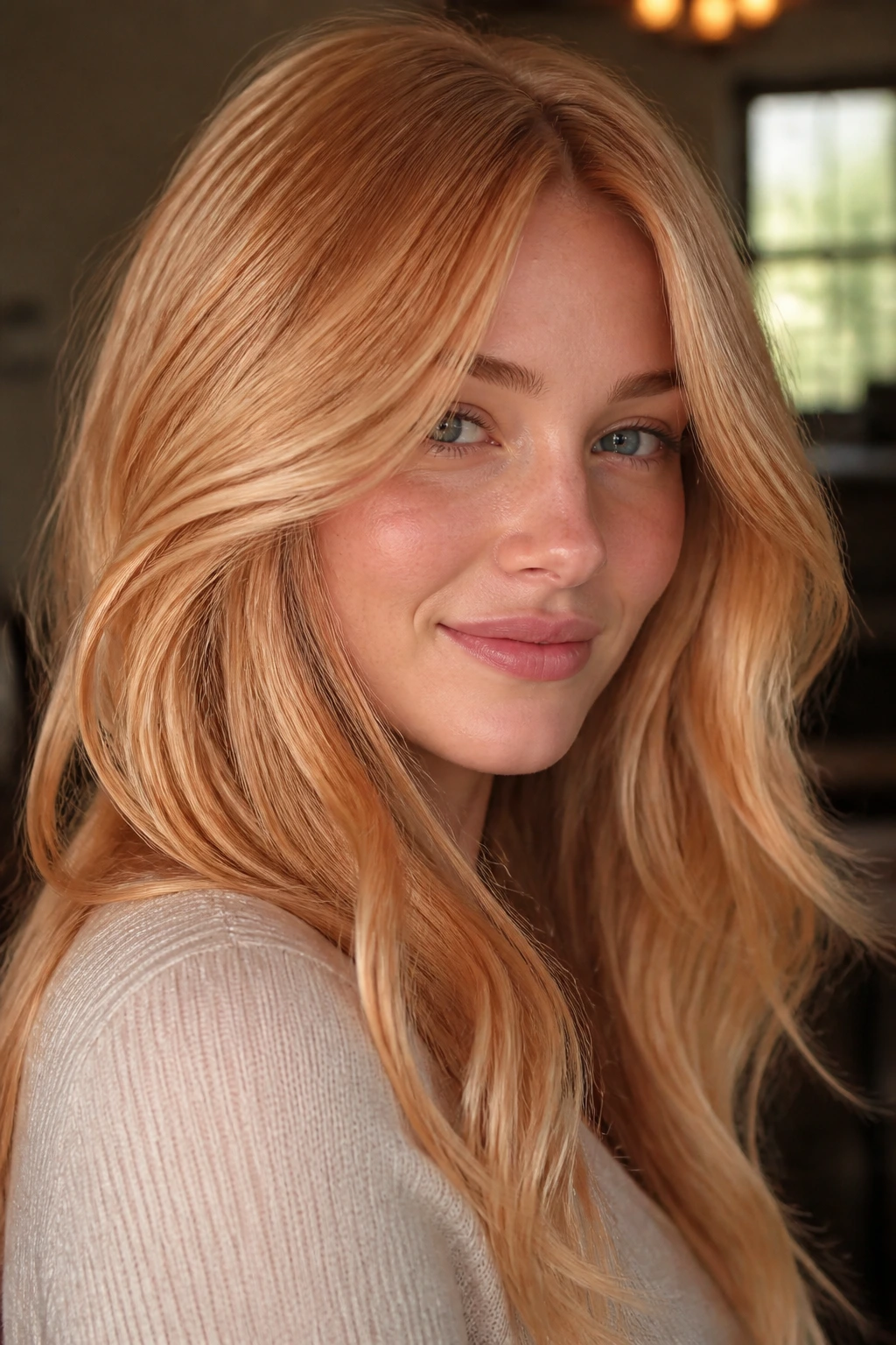 Close-up of a woman with soft apricot strawberry blonde in warm indoor light.