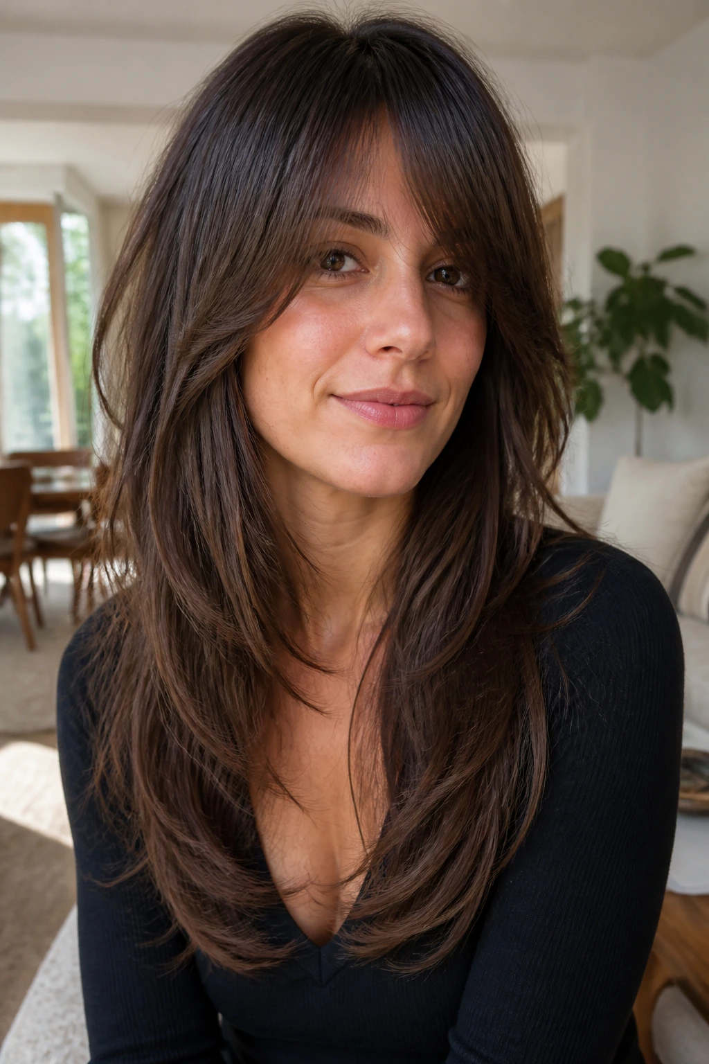 Close-up portrait of a real person with long hair soft arc layers and side sweep