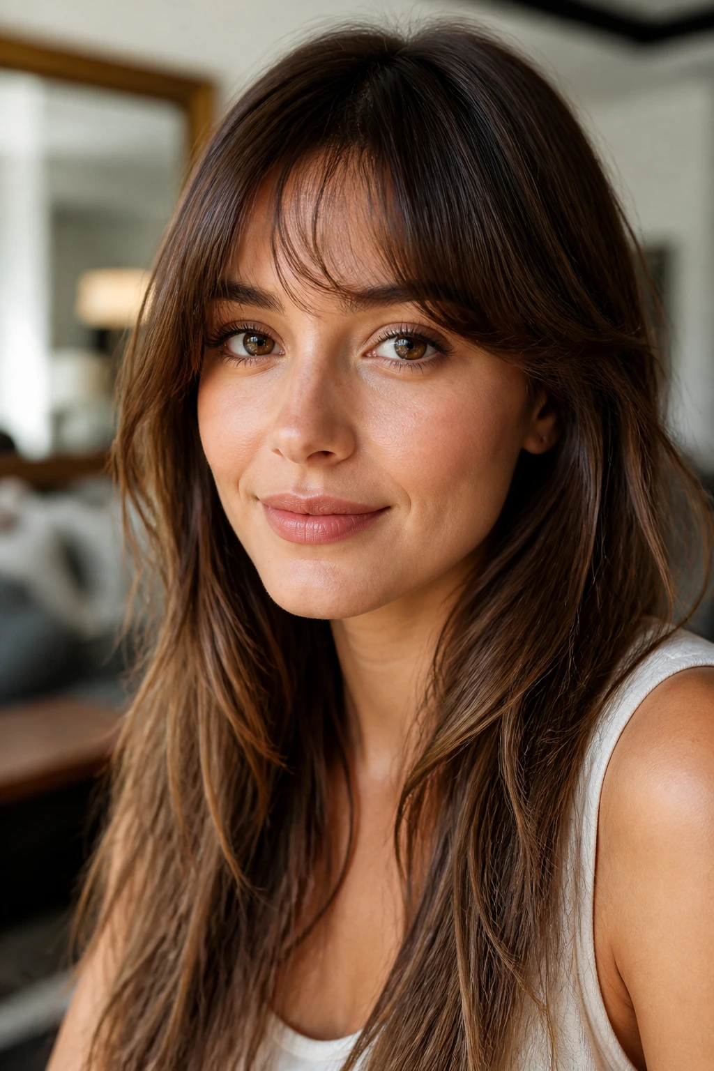 Portrait of a real woman with soft arch bangs following the brow line
