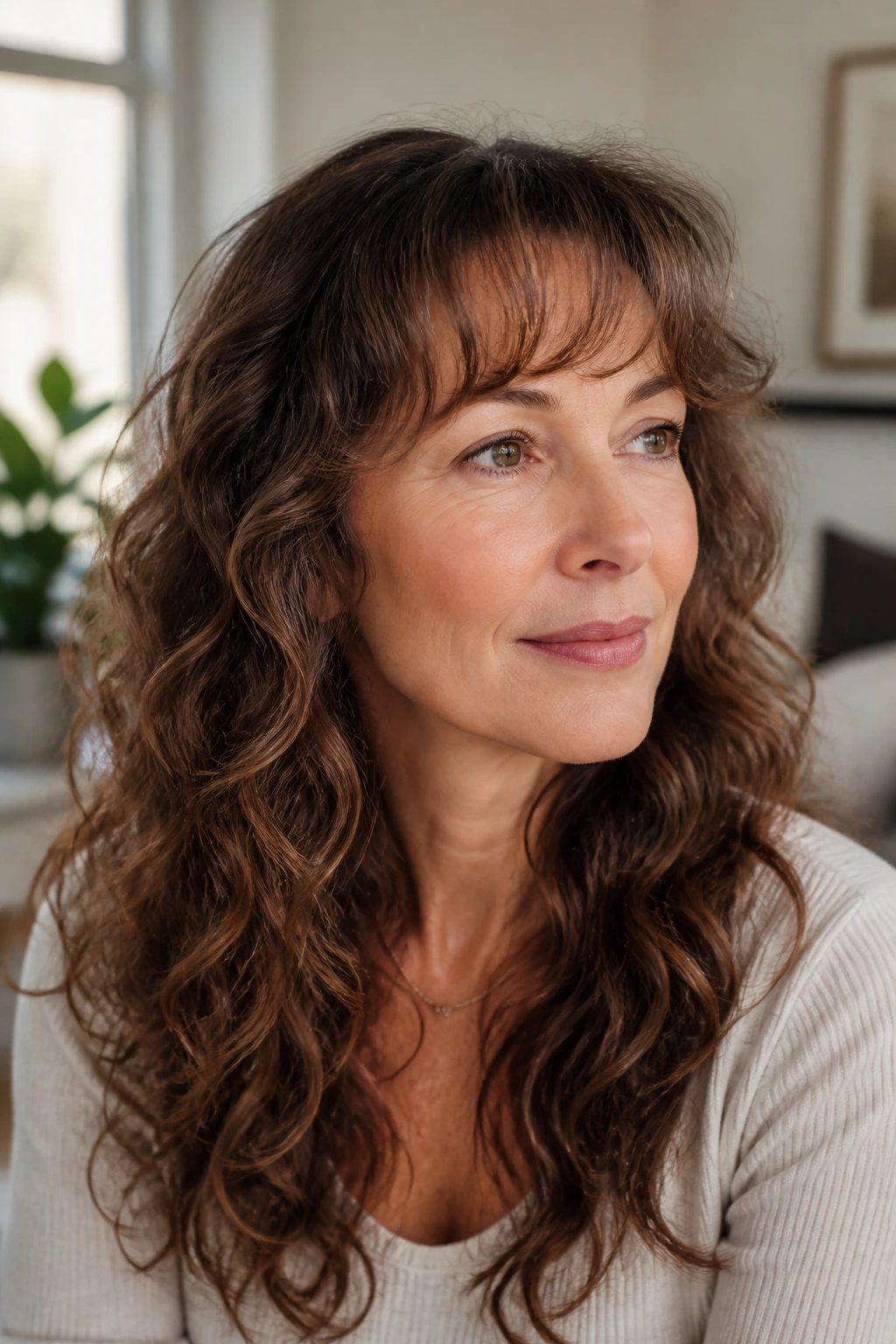 Close-up portrait with soft arch bangs balancing a longer face