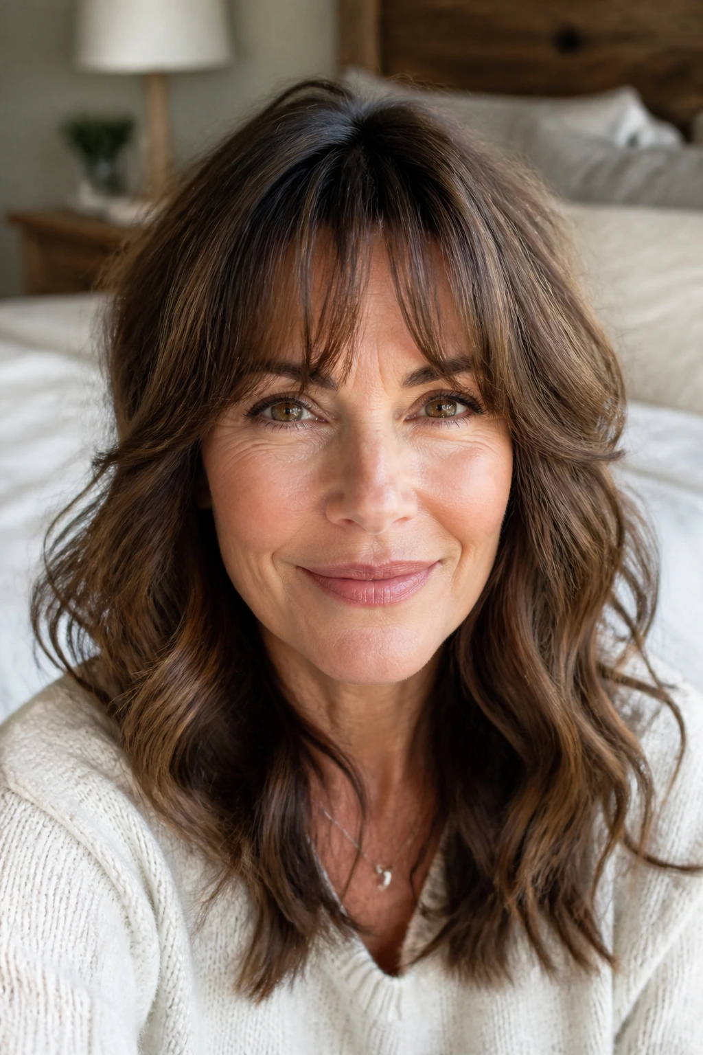 Close-up of a real woman with soft arched bangs and wavy hair.