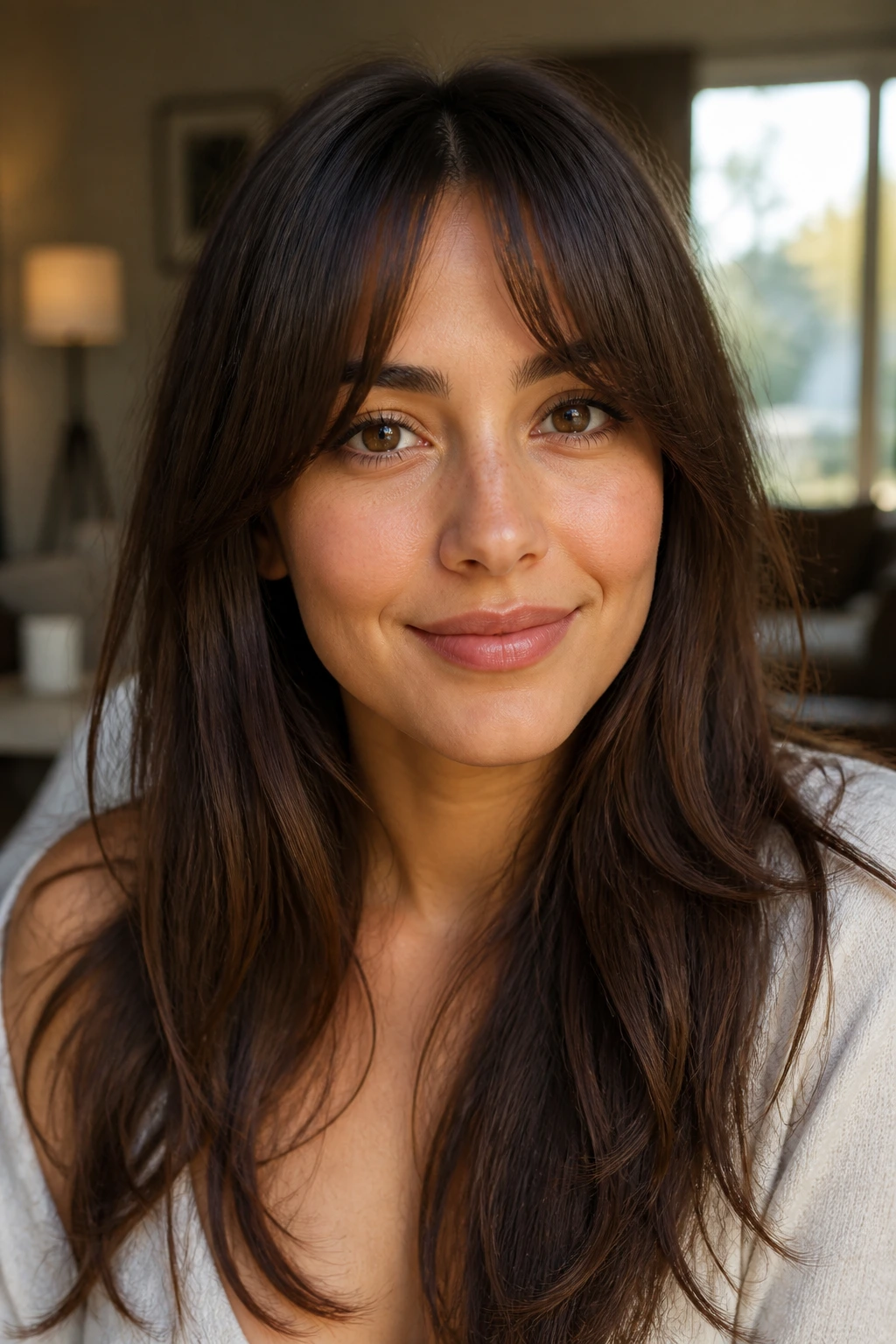 Soft arched bangs lifting center on real woman